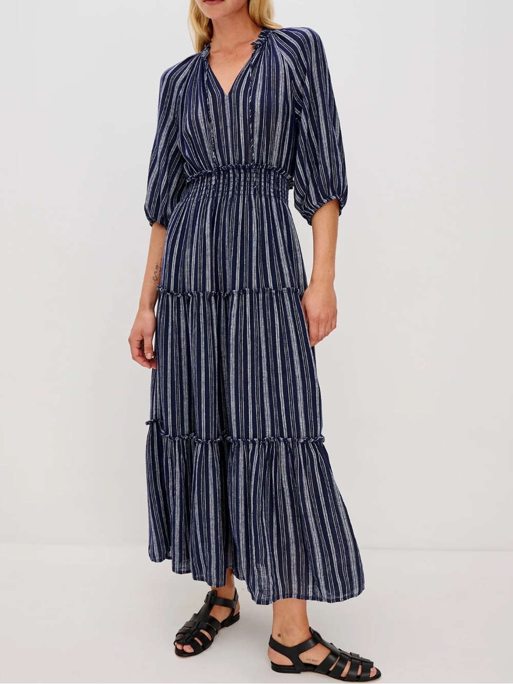 Rails Caterine Linen Blend Tiered Maxi Dress Navy Blue Roche Stripe S